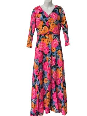 Maxi Dress 1960s Vintage Flower Power Floral Long Sleeve Size 14 StyleRite